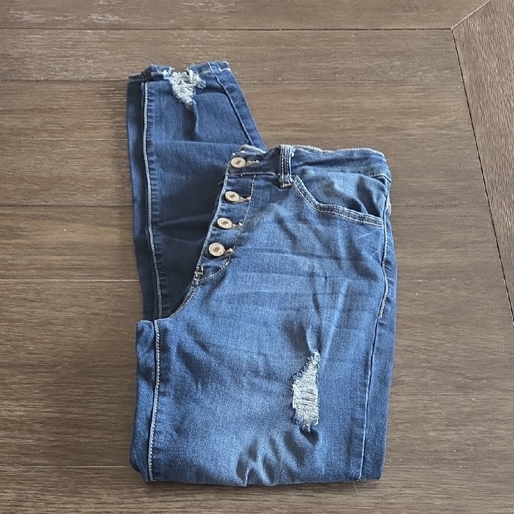 KanCan Dark Blue Button-Fly Distressed Skinny Jeans